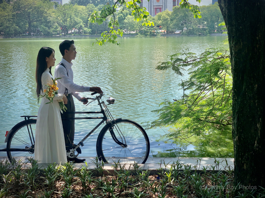 Newlyweds by the Lake with a Bicycle  Print