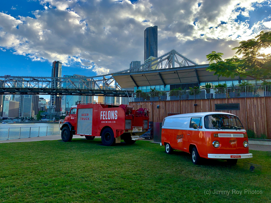 Red Trucks in Front of the Bridge  Print