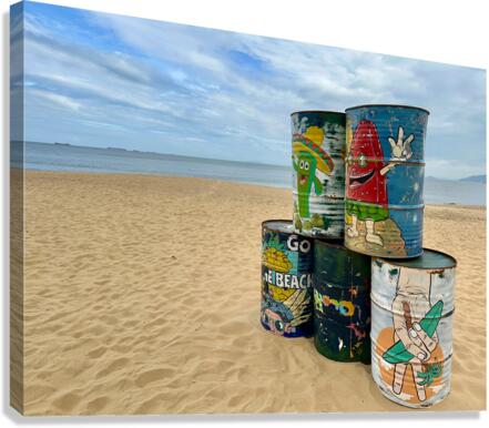 Painted Barrels on the Beach Canvas Print