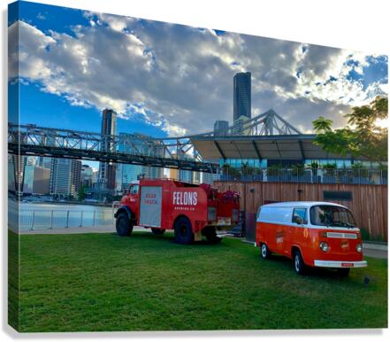 Red Trucks in Front of the Bridge Canvas Print