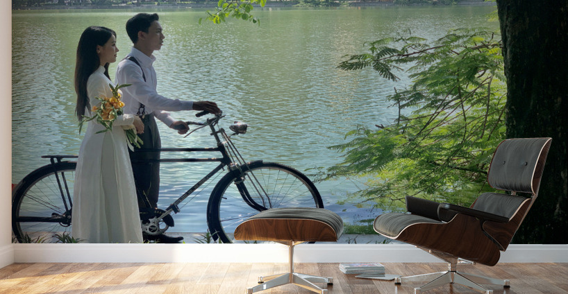 Newlyweds by the Lake with a Bicycle Wall Murals