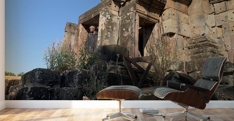 Man Looking Outside of Old Temple Wall Murals