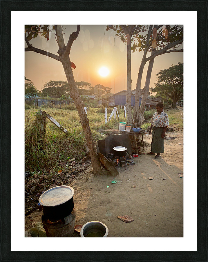 Cooking outside in Myanmar at Sunset  Framed Print Print