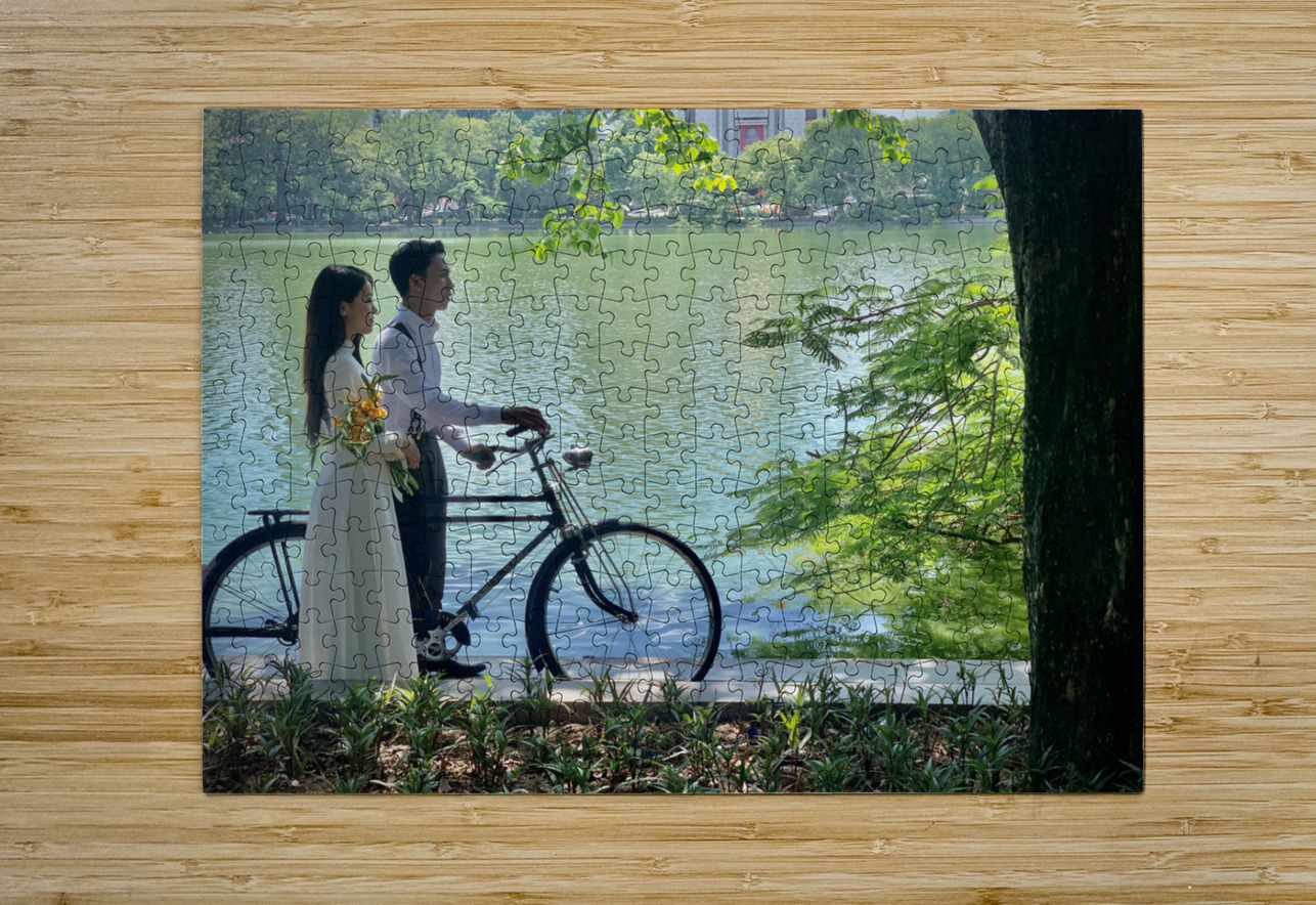Newlyweds by the Lake with a Bicycle Jimmy Roy Photos Puzzle printing