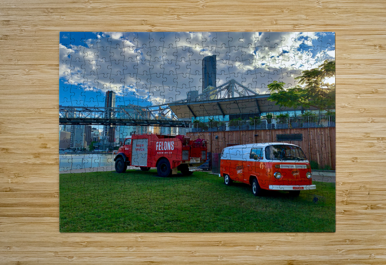 Red Trucks in Front of the Bridge Jimmy Roy Photos Puzzle printing